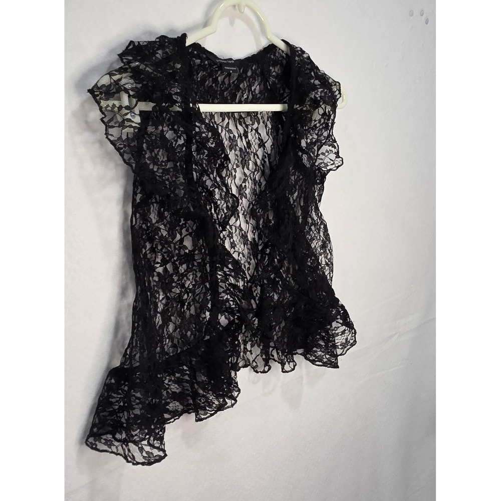 Paper Tee Black Floral Lace Ruffle Vest Sheer Open Front Cap Sleeve Medium - Picture 4 of 8